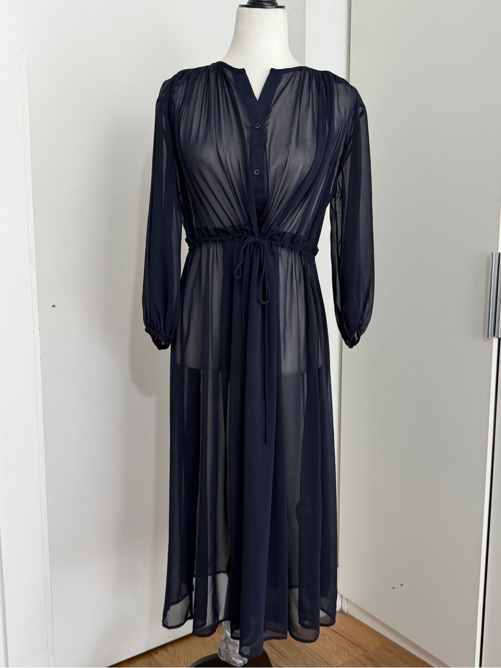 UNIQLO Navy Sheer Chiffon Drawstring Maxi Dress/duster x-small fits oversized